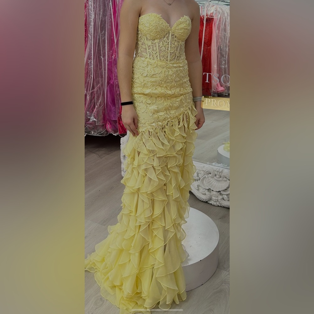 Sherri Hill 56902 beautiful yellow asymmetrical ruffle skirt prom dress